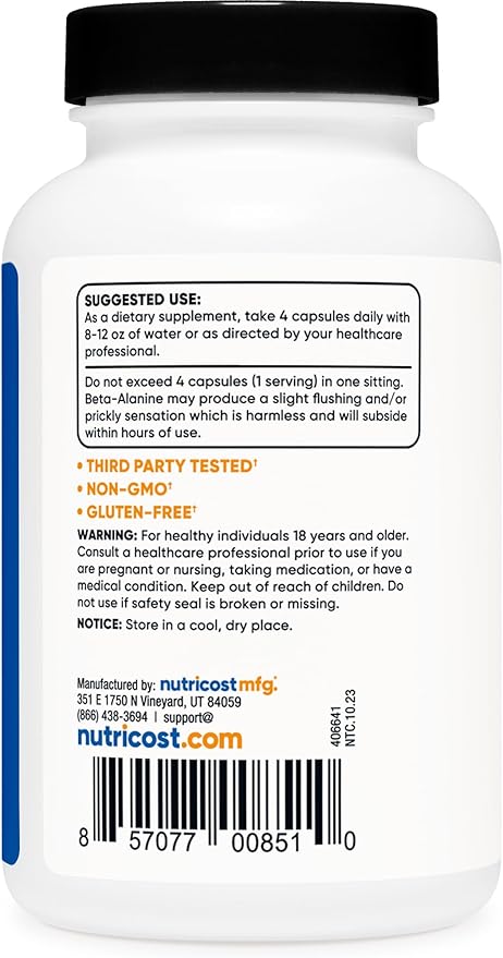 Nutricost Beta-Alanine Capsules 3400mg, 120 Caps (30 Serv) - Potent Beta Alanine, Gluten Free & Non-GMO, 850mg Per Cap