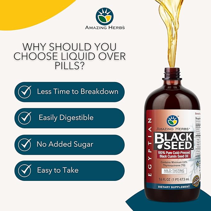 Amazing Herbs Egyptian Black Seed Oil - Gluten Free, Non GMO, Cold Pressed Nigella Sativa Aids in Digestive Health, Immune Support, Brain Function, Mild Flavor - 16 Fl Oz
