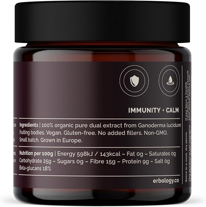 Erbology Organic Reishi Dual Extract Powder 30 Servings - 18% Beta-glucans - Immunity Support - Ganoderma Lucidum - Small Batch - Sustainably Grown in Europe - Vegan - Non-GMO - No Added Fillers