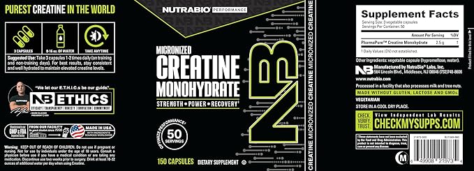 NutraBio Pure Micronized Creatine Monohydrate Capsules, Creatine Pills, Supports Bulk Muscle Energy, Recovery, and Strength - Keto Friendly, Kosher, Creatine Nutritional Supplement for Men and Women