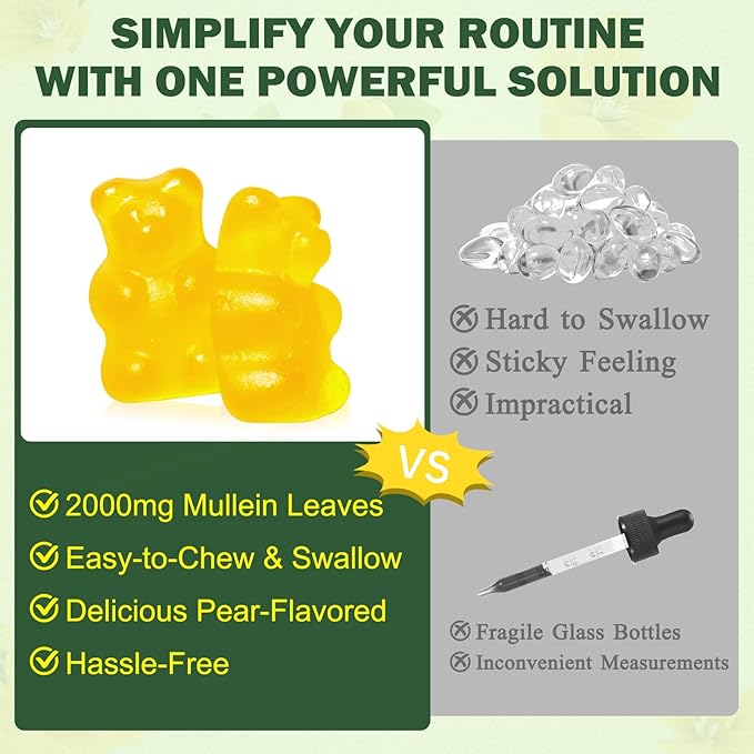 120 Count Mullein Gummies for Lungs, 2000 MG(50:1 Extract) Mullein Leaf Extract for Lung Cleanse and Respiratory Support, Natural Mullein Herbal Supplement, Pear Flavor Gummies