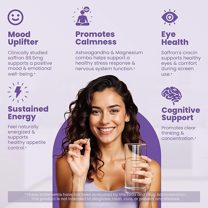 Saffron Supplement 88.5 mg Extract with Ashwagandha & Magnesium – Support Mood Enhacement, Eye Health & Relaxation – 60 Clean Capsules, Made in USA