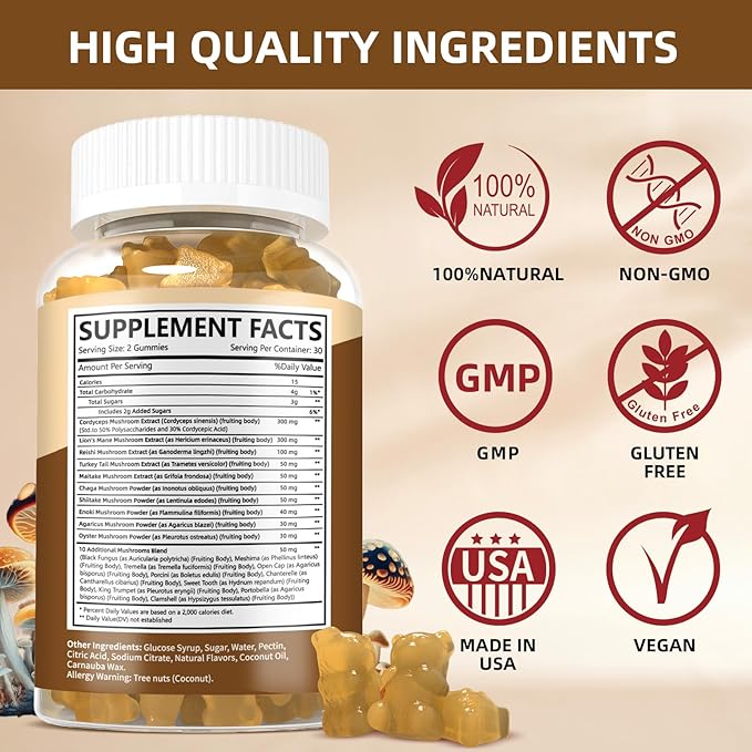 Mushroom Gummies with Lion's Mane & Cordyceps - Immune Support, Brain Health & Memory Enhancement - Vegan Mushroom Complex with Vitamin D3, B6, B9 & B12 - Focus, Energy & Cognitive Function Supplement