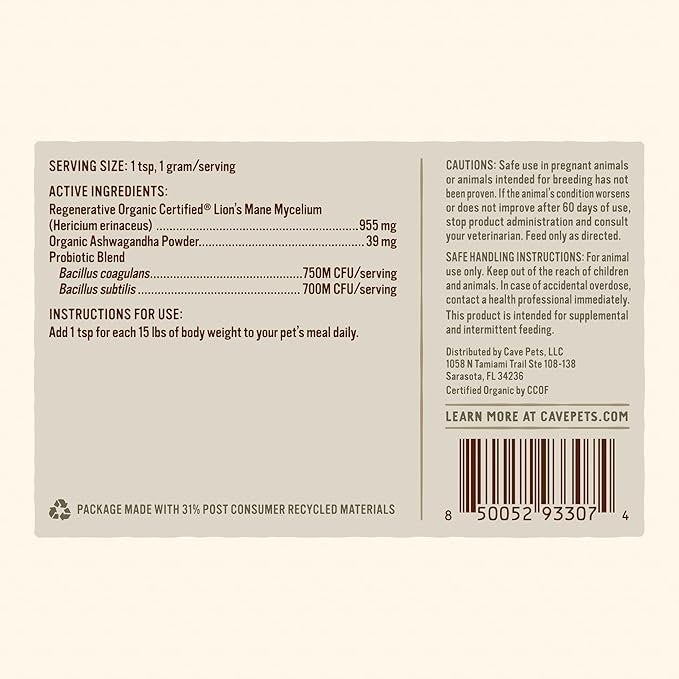 Super Blend Powder, Mushroom Mycelium and Dog Probiotic Supplement for Brain and Digestive Health Support, Lion’s Mane & Probiotics, 90 Servings