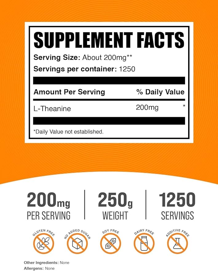 BulkSupplements.com L-Theanine Powder - L-Theanine Supplement, L-Theanine 200mg - Amino Amino Supplement, Pure & Gluten Free, 200mg per Serving, 250g (8.8 oz) (Pack of 1)