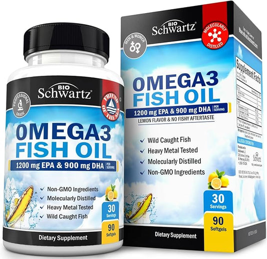 Triple Strength Omega 3 Fish Oil Supplement - 2250mg EPA DHA Omega 3 Fatty Acids from Fresh Wild Caught Fish, Burpless Lemon Flavor Formula Supports Eye Health and More, Gluten Free, 90 Softgels