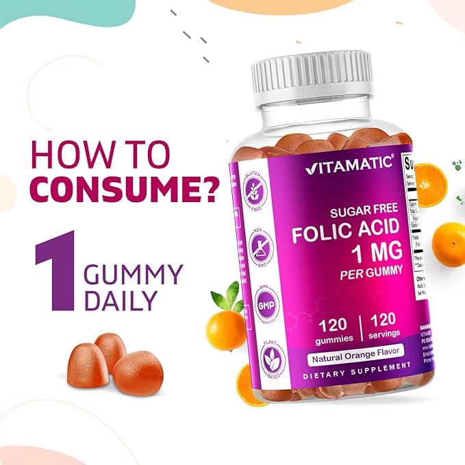 Vitamatic Folic Acid Gummies 1000 mcg (1 mg) - an Essential Prenatal Vitamins for Mom & Baby - Vitamin B9-120 Vegan Gummies (2)