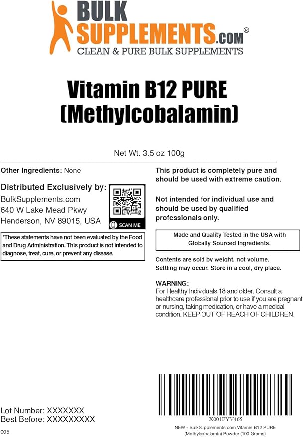 BulkSupplements.com Pure Vitamin B12 Methylcobalamin Powder - Vitamin B12 Supplements - Pure Product, Multiple Servings, 100g (3.5 oz) (Pack of 1)