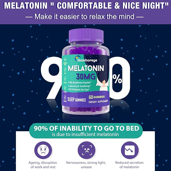 Melatonin Gummies 30mg for Adults - Maximum Strength Melatonin Gummies for Relaxation & Soothing, Exogenous Melatonin Supplement with FOS for Immune, Gut Health and pH Balance, Sugar Free -120 Counts