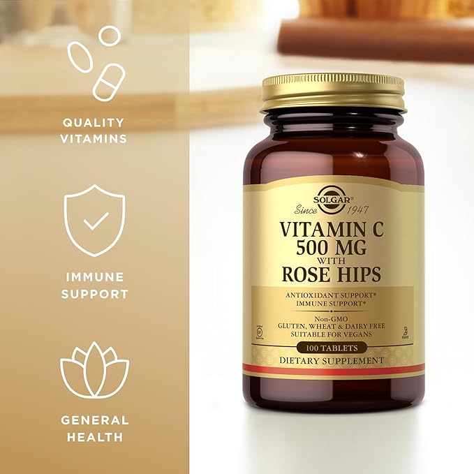 Solgar Vitamin C 500 mg with Rose Hips - 100 Tablets - Antioxidant & Immune Support - Non-GMO, Vegan, Gluten Free, Dairy Free, Kosher - 100 Servings