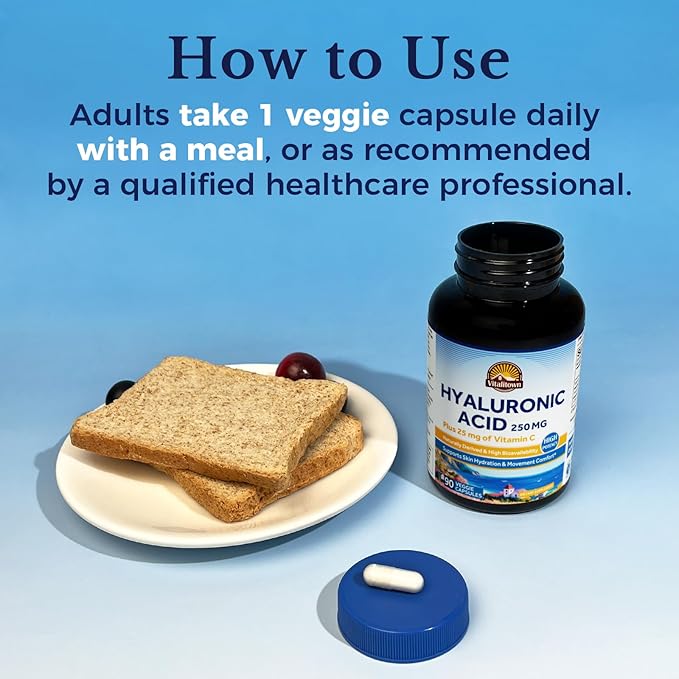 Vitalitown Hyaluronic Acid Supplements 250 mg, Plus 25 mg Vitamin C, Naturally Derived & High Bioavailability, Skin Hydration, 90 Vegan Capsules, 3 Month Supply