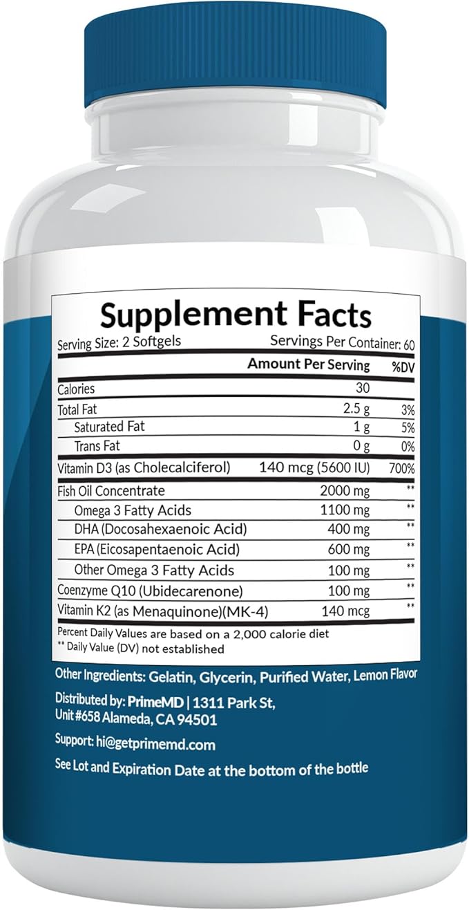 5-in-1 Fish Oil Omega 3 Supplements (2100mg) - Omega 3 Fish Oil with Vitamins D3 & K2 and CoQ10 - EPA DHA Omega 3 Supplement - Lemon Flavored Omega 3 Fatty Acid Supplements, Pack of 2