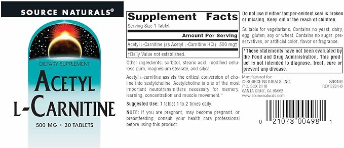 Source Naturals Acetyl L-Carnitine, 500mg, 30 Tablets
