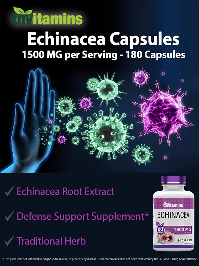 Echinacea Capsules (1500 MG - 180 Capsules) | Supports Health & Well-Being | Echinacea Root Herbal Extract Supplement | Produced in The USA