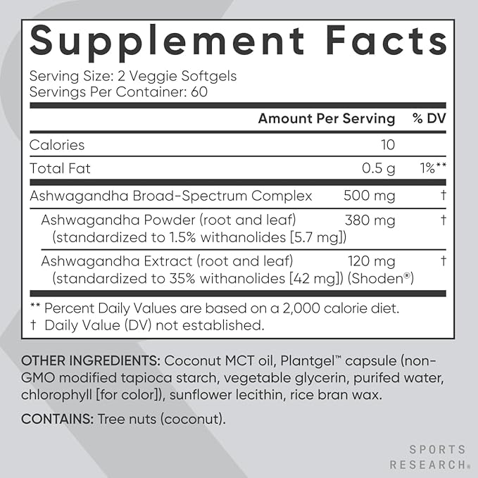 Sports Research® Ashwagandha Softgels with Coconut MCT Oil - Natural Ayurvedic Adaptogen Made with Shoden® Ashwa for Relaxation, Calm & Sleep Support - Gluten Free & Vegan Friendly - 120 Count