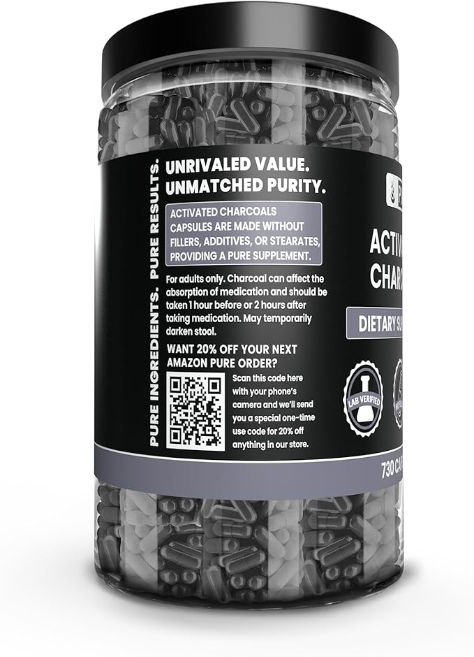 PURE ORIGINAL INGREDIENTS Activated Charcoal (730 Capsules) No Magnesium or Rice Fillers, Always Pure, Lab Verified