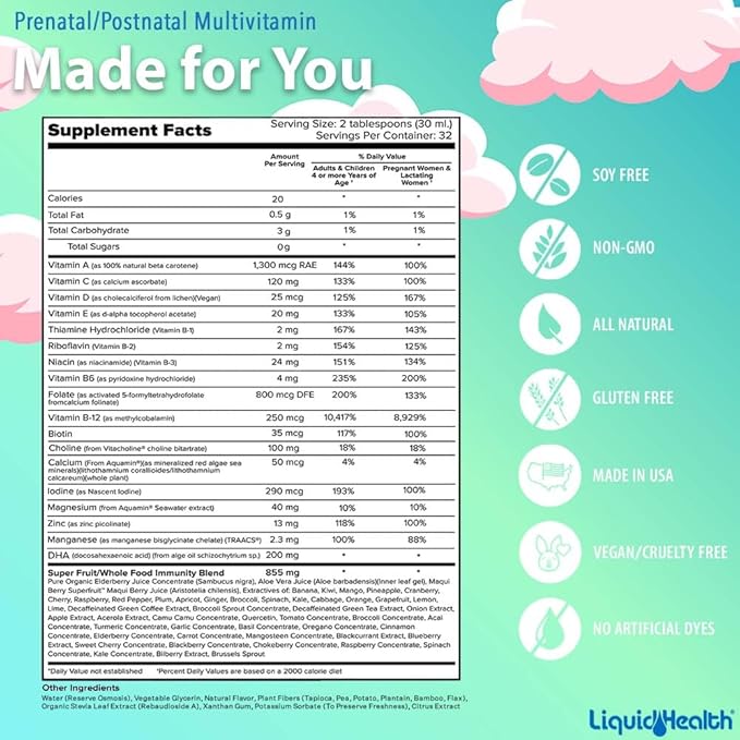 LIQUIDHEALTH Prenatal Baby Booster Pregnancy Vitamin Bundle - Vegan Women's Prenatal/Postnatal Multivitamin with SunActive & Ferrochel Iron, Folate, Whole Foods - Made in The USA, 100% Vegan (Bundle)