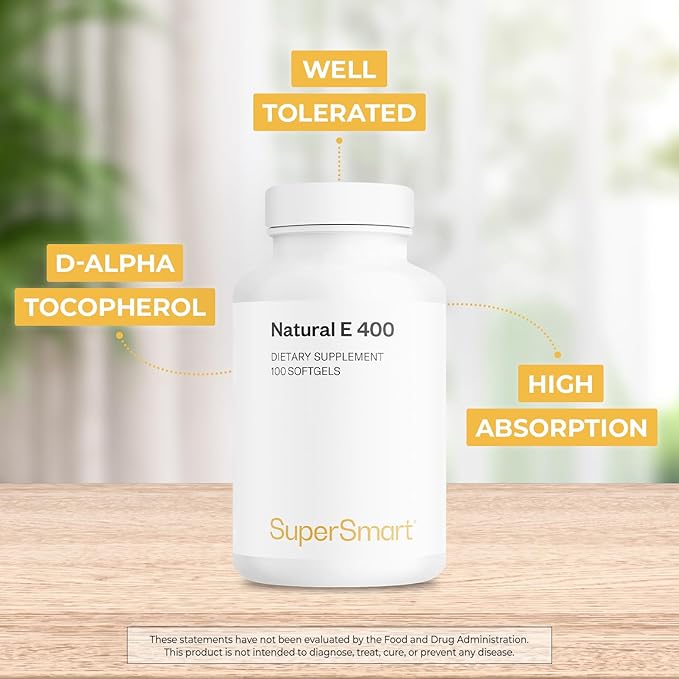 Supersmart - Natural E 400 (D-Alpha Tocopherol) 1200IU per Day - High Absorption Vitamin E Supplement | Non-GMO & Gluten Free - 100 Softgels