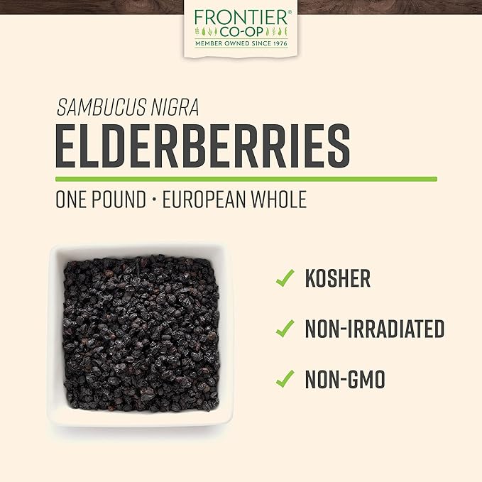 Frontier Co-op Dried Elderberries, 1lb Bulk Bag, European Whole | Kosher & Non-GMO Elderberry Dried Fruit for Elderberry Powder, Tea, Immune Support