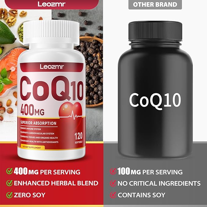 CoQ10-400mg-Softgels with PQQ, BioPerine & Omega-3, Coenzyme Q10(Ubiquinone) Supplement for High-Absorption, Powerful-Antioxidant, Support Heart & Energy-Production, 120 Servings