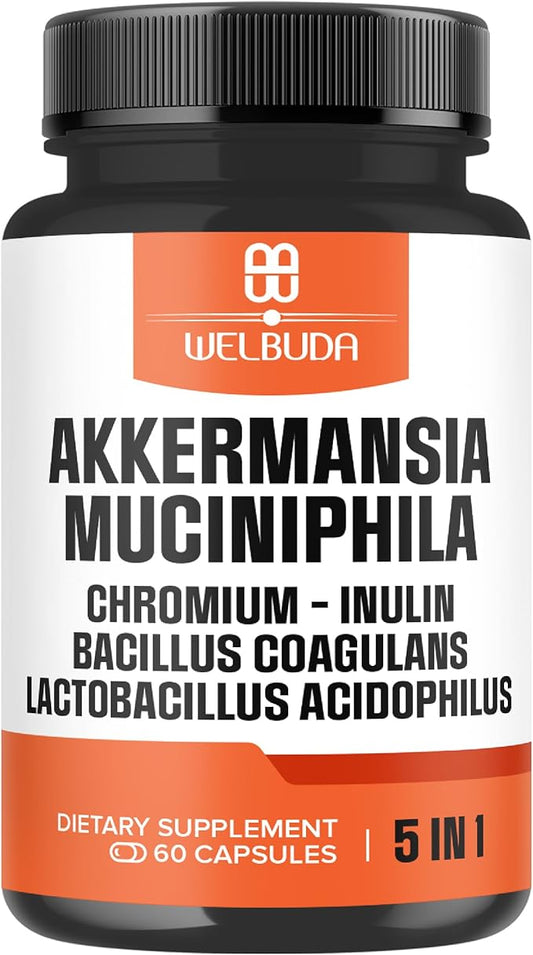 5in1 Akkermansia Probiotic Capsules for Increases GLP-1 - Contains Inulin, Bacillus Coagulans, Lactobacillus Acidophilus and Chromium - 60 Capsules for 60 Days