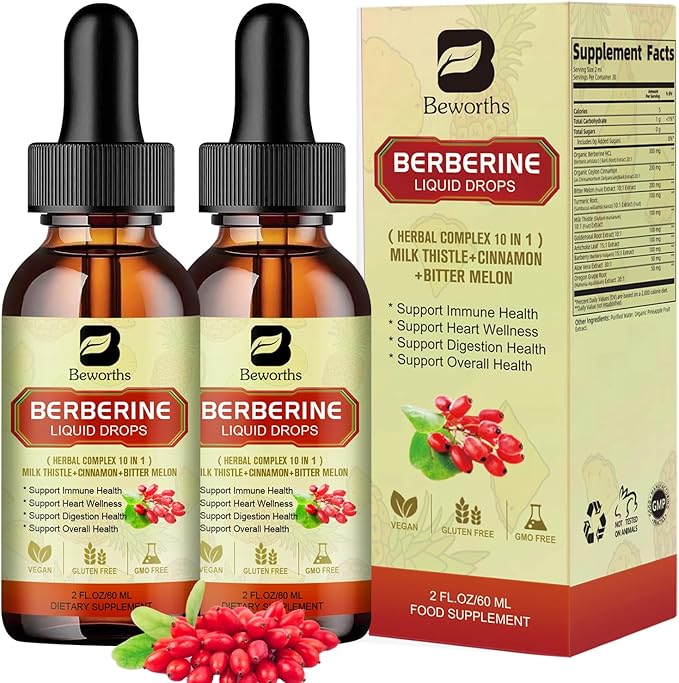 2Pack Berberine Supplement - Berberine Liquid Drops with Ceylon Cinnamon, Turmeric, Bitter Melon, Milk Thistle, Berberine HCL Supplement Activates AMPK & GLP-1 for Digestion System Support