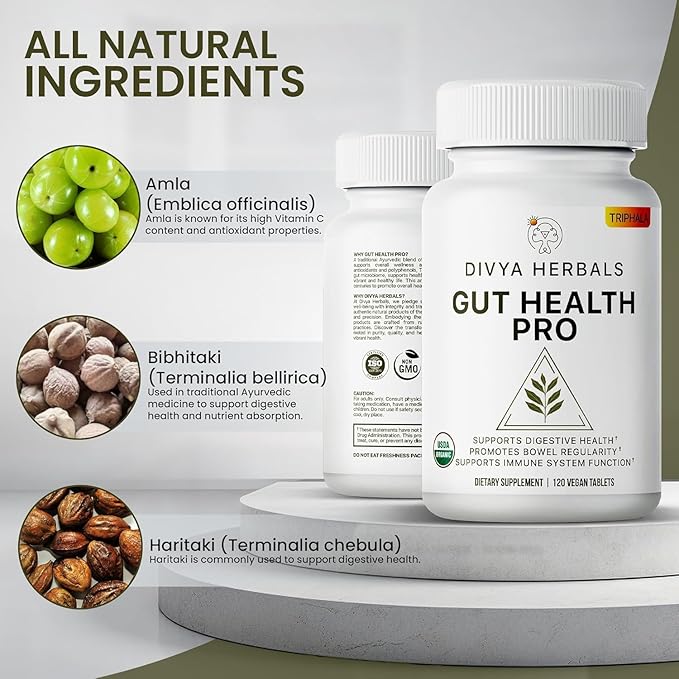 Gut Health Pro - Bloat Relief, Detox & Digestive Support - 100% Pure Organic Triphala Supplement - for Women & Men - Uncoated Vegan Tablets -120Ct