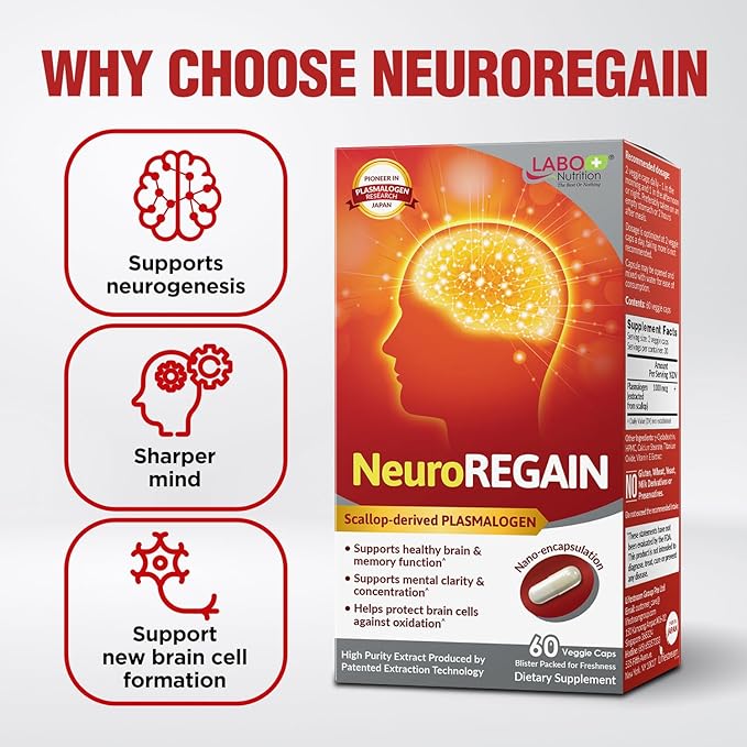 LABO Nutrition NeuroREGAIN - Scallop-derived PLASMALOGEN for Brain Deterioration, Memory, Alertness, Learning, Concentration and Other Cognitive Functions – Suitable for Seniors, Adult Men & Women