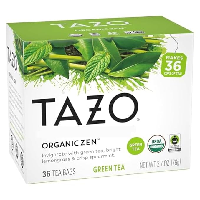 TAZO Organic Zen Green Tea, Caffeinated Tea with Refreshing Lemongrass & Spearmint, 36 Total Bags