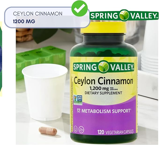 Spring Valley Ceylon Cinnamon Capsules 1200 mg Capsules, Support Metabolism * 120 Count | Non-GMO & Gluten Free Pills (Pack of 1)