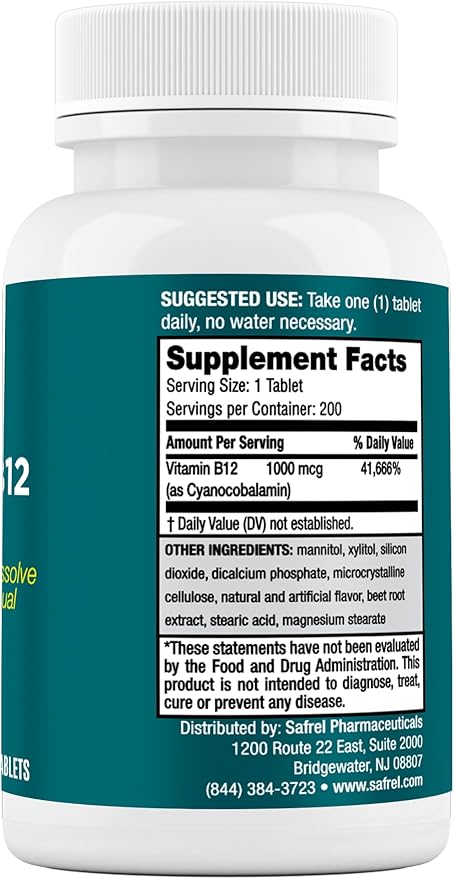 Safrel Vitamin B12 1000 mcg, 200 Fast Dissolve Tablets, Easy to Take Sublingual B12 Cherry Flavor, 200 Day Supply