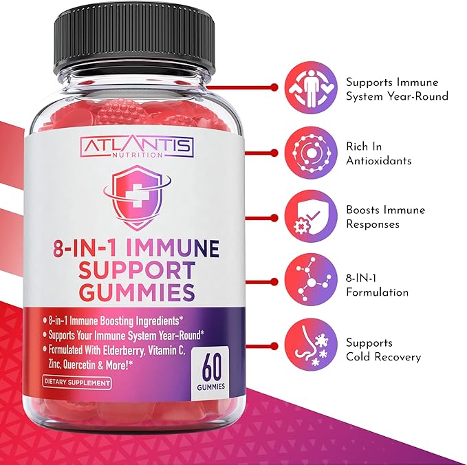 Atlantis Nutrition 8-in-1 Immune Support Gummies with Elderberry | Immune Supplement with Elderberry, Quercetin, Zinc, Vitamin C - Immunity Boosters for Adults & Kids - Delicious Flavor - 60 Count