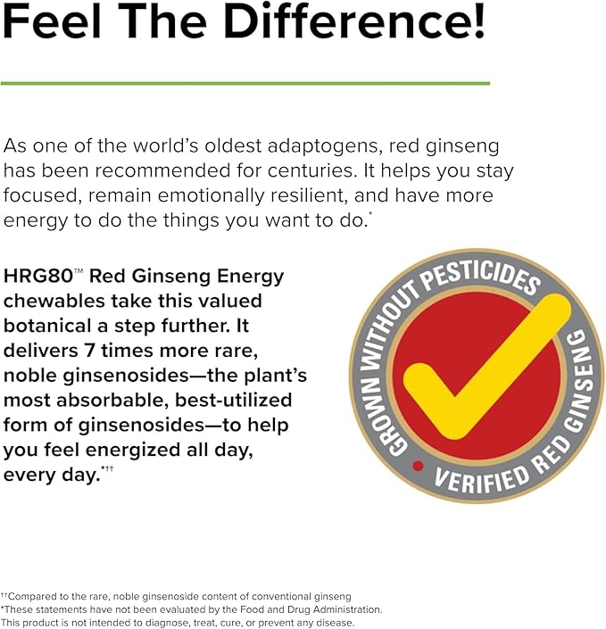 Terry Naturally HRG80 Red Ginseng Energy - Support Healthy Energy & Focus - Herbal Supplement with Korean Red Ginseng Root Powder - Vegan Tablets to Aid Healthy Endurance - 30 Chewable Tablets