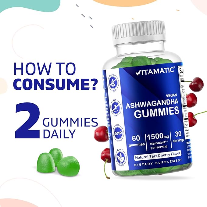 Vitamatic 2 Pack Ashwagandha Gummies 1500 mg Equivalent Per Serving (from 30:1 Extract 50 mg) - 60 Vegan Gummies - 3% Withanolides