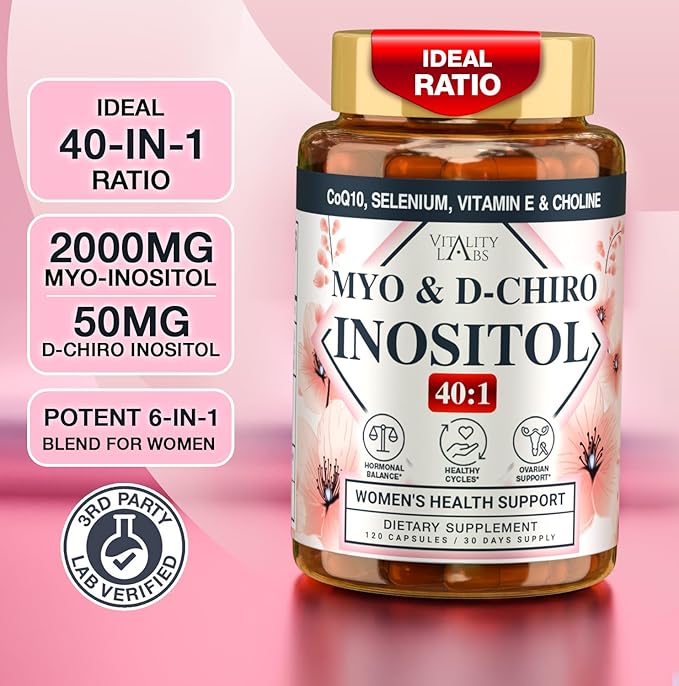 Myo-inositol & D-chiro Inositol Supplement for Women - Ideal 40:1 Ratio Complex for Fertility, Hormonal Balance, Menstrual Cycle & Ovarian Health Support with CoQ10, Choline & Selenium - 120 Capsules