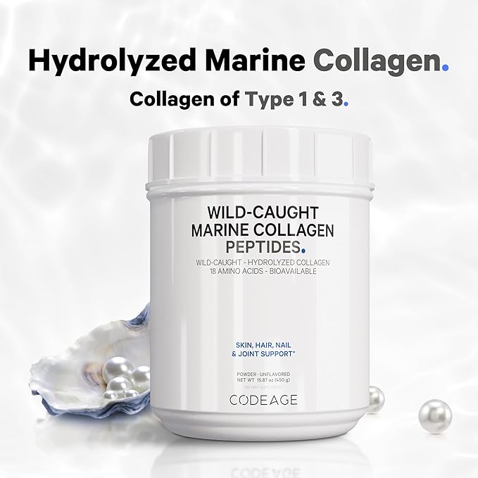 Codeage Marine Collagen Powder - Wild-Caught Hydrolyzed Fish Collagen Peptides - Type 1 & 3 Collagen Protein Supplement - Amino Acids for Skin, Hair, Nails - Paleo Friendly, Non-GMO, 15.87 Ounces