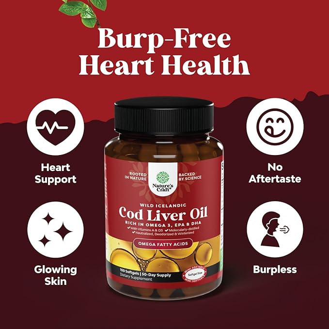 Icelandic Wild Caught Cod Liver Oil Softgels - Fish Omega 3, EPA, DHA, Vitamin D & A, 1000mg Per Serving - Burpless Capsules for Heart, Joint, Brain & Immune Support - 100 Count