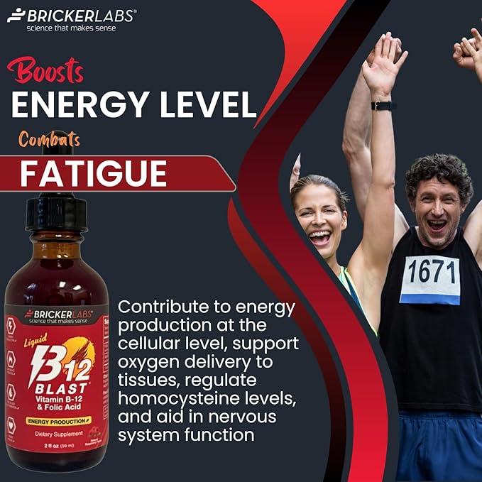 B-12 Blast Liquid Vitamin B12 and Folic Acid Supplement, Support Energy Production, Great Tasting Liquid Vitamin B12 Dietary Supplement in Natural Raspberry Flavor, 2 fl oz Bottle