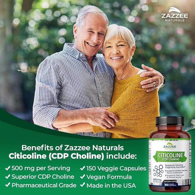 Zazzee Extra Strength Citicoline, 500 mg per Serving, 100 Vegan Capsules, Superior CDP Choline Form, 100% Vegetarian and Pharmaceutical Grade, 50-Day Supply, All-Natural and Non-GMO