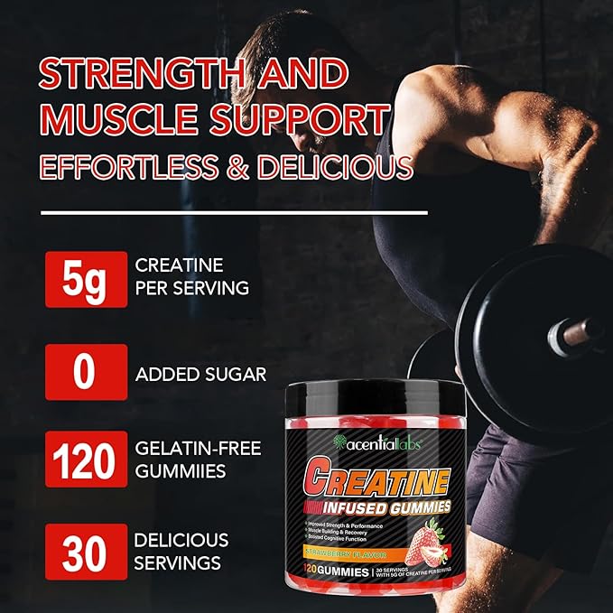Creatine Monohydrate Gummies 5000mg for Men & Women, Creatine Monohydrate, L-Taurine, Vitamin B12 for Muscle Growth, Strength, Focus, Energy & Health, Sugar Free, Vegan, Strawberry Flavor, 120 Count