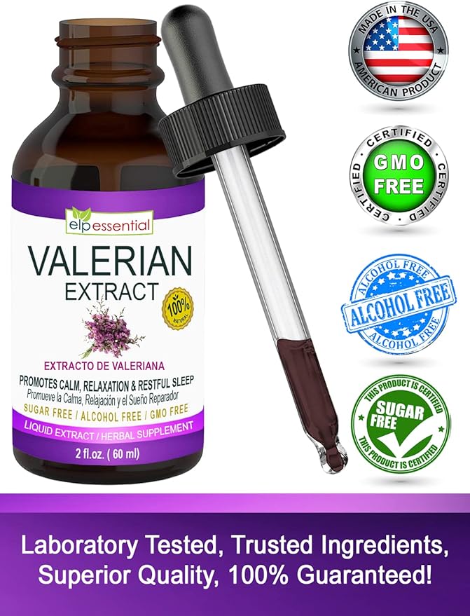 ELP ESSENTIAL Valerian Root Extract Drops | 2 fl oz | Sugar Free, Alcohol Free, Non- GMO Gluten Free Liquid