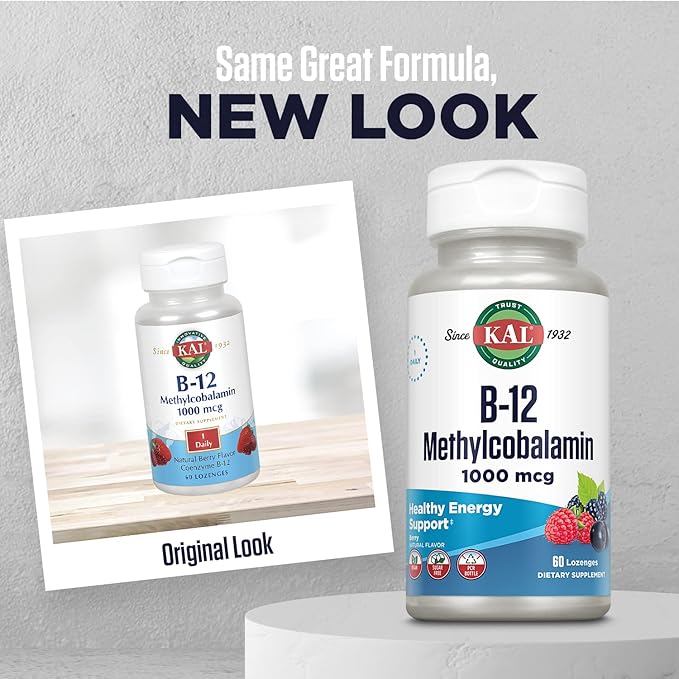 KAL Vitamin B-12 Methylcobalamin Lozenges 1000mcg, Healthy Energy, Metabolism, Nerve & Red Blood Cell Support,* Optimal Absorption, Natural Berry Flavor, Vegan, Sugar Free, 60 Servings, 60 Lozenges