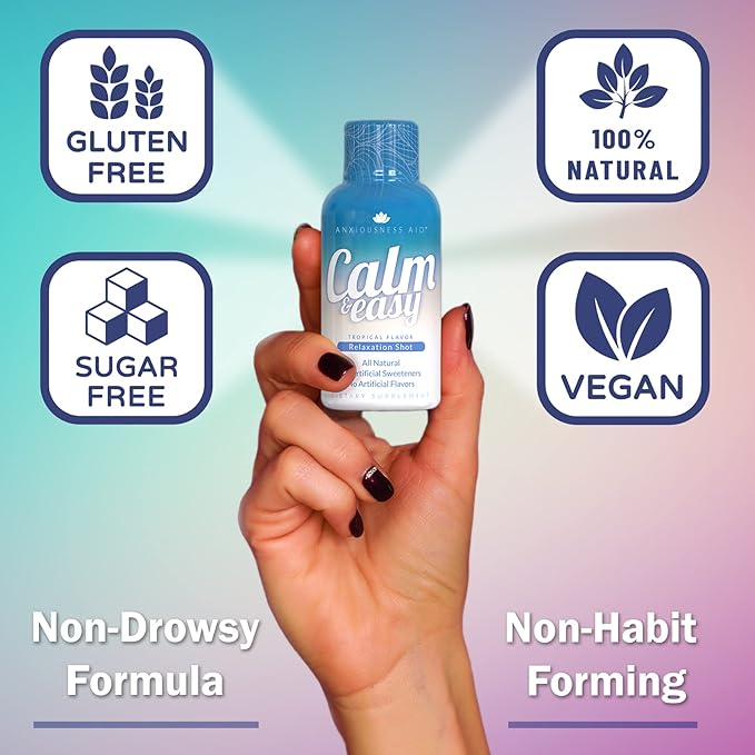 Calm & Easy - Natural Stress Relief Shot, KSM-66 Ashwagandha, Suntheanine L Theanine, Calming Adaptogen Drink, Relaxation, Focus, and Mood | 2 oz Liquid Bottle (6 Pack)