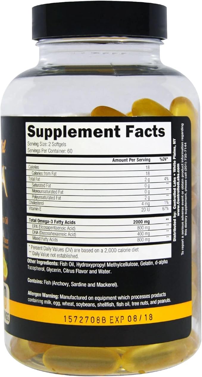 CONTROLLED LABS Orange Oximega Fish Oil Supplement 120 Softgels, EPA and DHA, 2000mg Omega- 3 Fatty Acids, Citrus-Flavor, Burpless Softgels