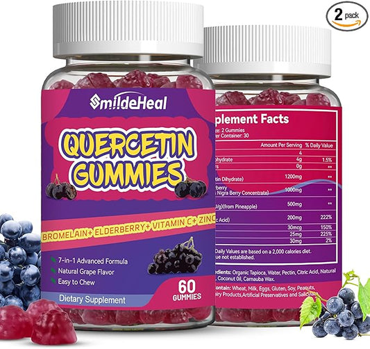 2 Pack Quercetin Gummies 1200MG, Quercetin Gummies with Bromelain, Zinc Vitamin C, Immune System Vegan Gummy for Adult & Kid, 120 Vegan