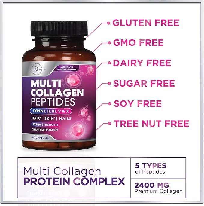 Best Collagen Peptides for Women - Multi-Collagen Hydrolyzed Complex 5 Types, Grass Fed Peptides for Hair, Skin, Nail, Bone & Joint Health Support, Collagen Powder Caps for Women & Men - 60 Capsules