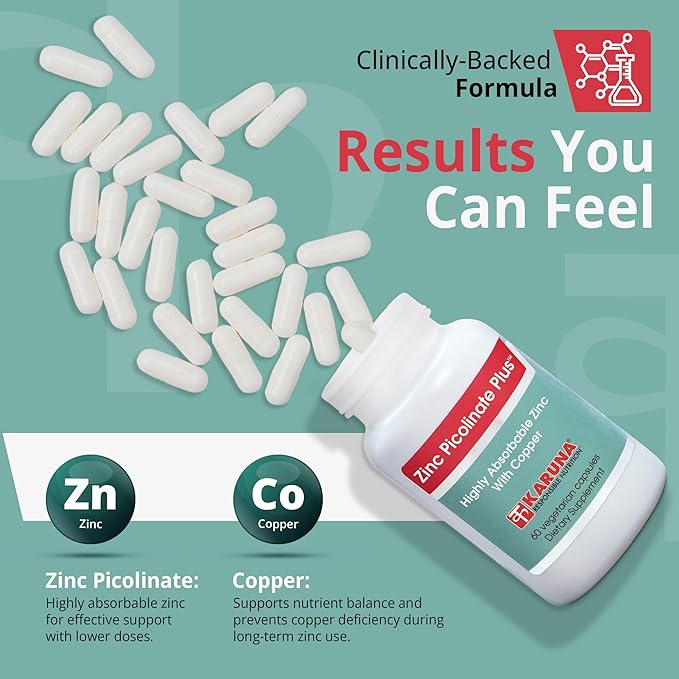 Karuna Health Zinc Picolinate Plus 60 Vegetarian Capsules | 25 MG Plus 2.5 MG Copper for BALACED Long Term USE | Supporting Immune Function, Skin Health, Development and Overall Well-Being.