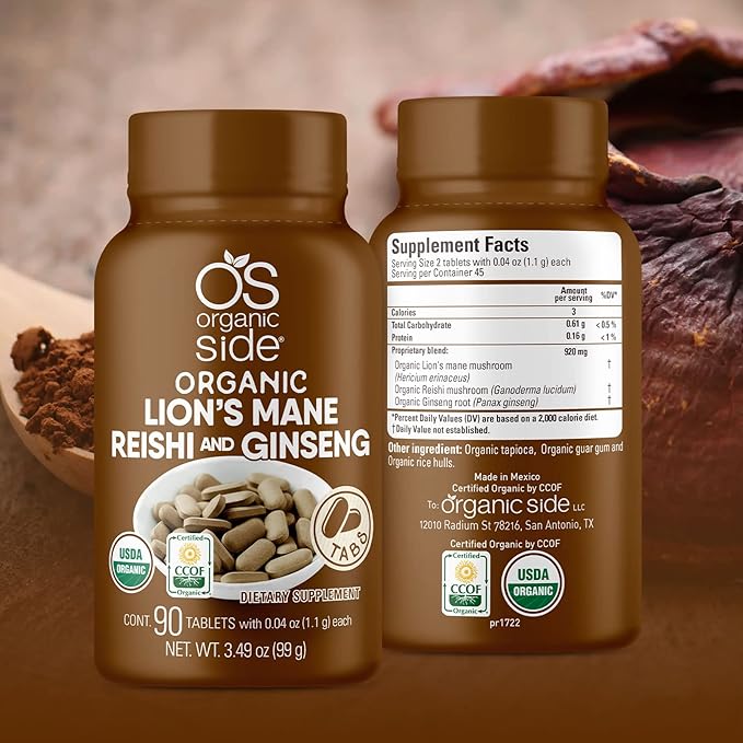 | 100% Pure Organic | Lions Mane, Reishi, & Ginseng Tablets | Adaptogens for Energy & Focus | USDA Certified, Non-GMO, Plant-Based | 90 Tablets