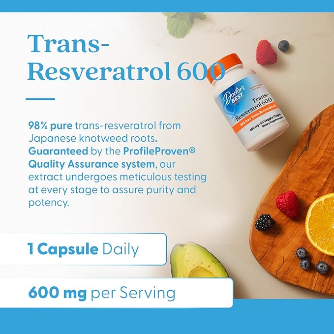 Doctor's Best Trans- Resveratrol 600, 98% Pure Trans-Resveratro, Non-GMO, Gluten Free, Soy Free, Vegan 60 Veggie Caps