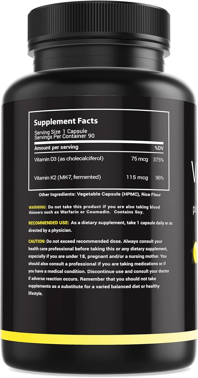 Vitamin D3 K2 3000 IU - with Vitamin K as MK-7 from Natto - High Potency Vitamin D Supplement Support Healthy Bones, Teeth, Heart & Immune Function - Vitamin D3 K2 Supplement Gluten-Free - 90 Capsules